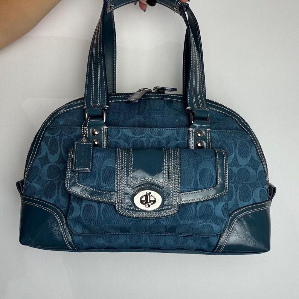 Coach Hamptons Vintage Y2K Blue Teal Signature Canvas and Patent Leather Bag
